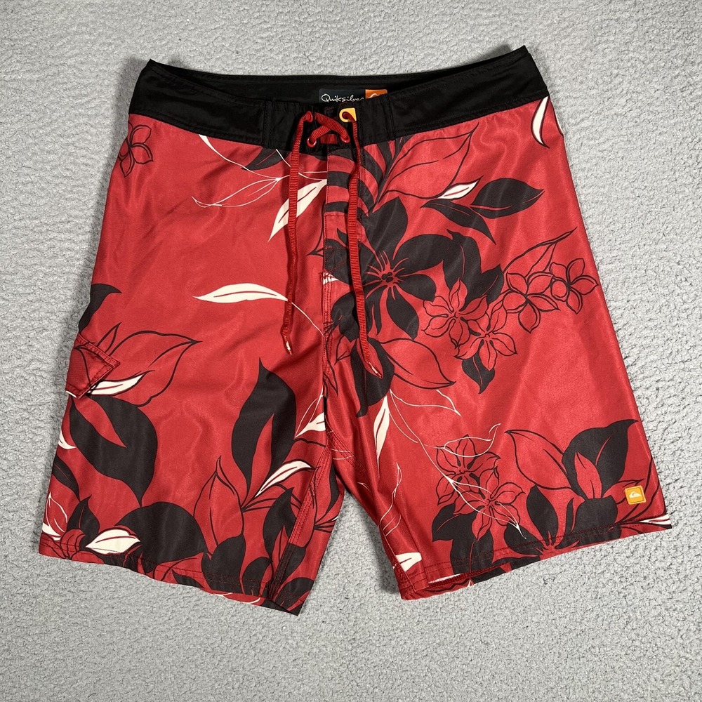 Quiksilver Shorts Mens 32 Red Floral Board Swim‎ Drawstring Pocket Logo Beach